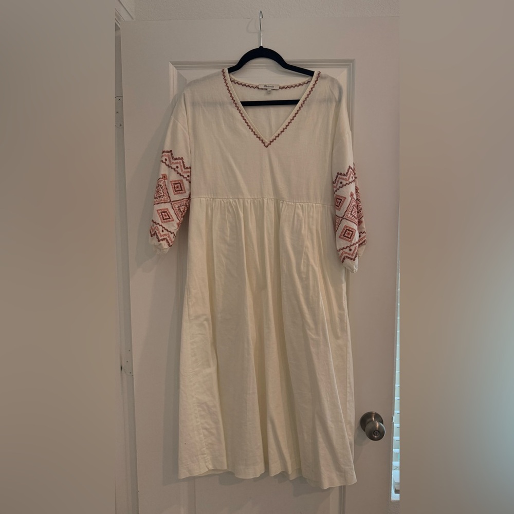 Madewell Cream 3/4 Sleeve Embroidered V-Neck Sundress